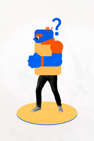 Vertical creative poster artwork collage of anonym man boxer hands fists question mark fight emoji sticker punch aggressionの写真素材