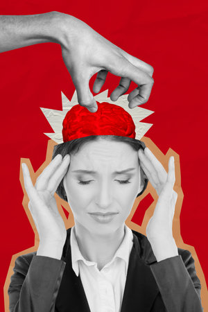 3d image photo poster collage of puzzled girl cut head brainwash hand control marionette exploitation brain organ bullyingの写真素材