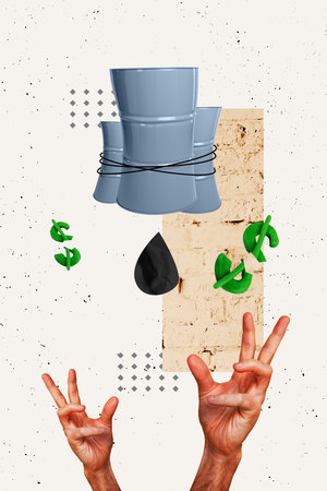 Art poster trend collage image of human hands catch last drop oil barrel dollar crack inflation problem economy collapse discriminationの写真素材