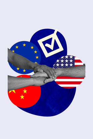 Sketch image artwork photo collage of three hand asia usa europe hand hold together success geo politics diplomacy international trade warの写真素材