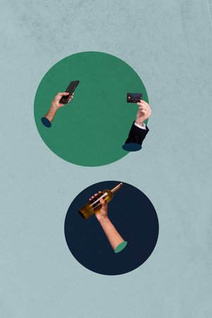 Vertical 3d art pop image collage of hands hold different supplies phone champagne bottle glass tulips bouquet credit card laptopの写真素材