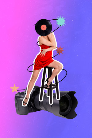 Trend artwork banner sketch 3D collage of young woman vinyl head sexy sit posing armchair camera shooting occasion clubber night leisureの写真素材