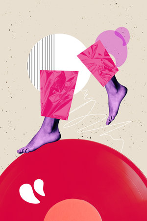 3d sketch contemporary photo collage of anonym girl guy legs walk retro vinyl disk plate celebration weekend playlist chillの写真素材