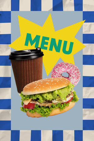 Trend artwork composite banner 3D photo collage of poster menu cup coffee togo burger sandwich donut tasty eat food kitchen dinner cook