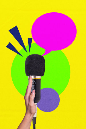 Template collage trend artwork sketch of communication bubble conversation feedback quote hand hold microphone electronic tool interviewの写真素材