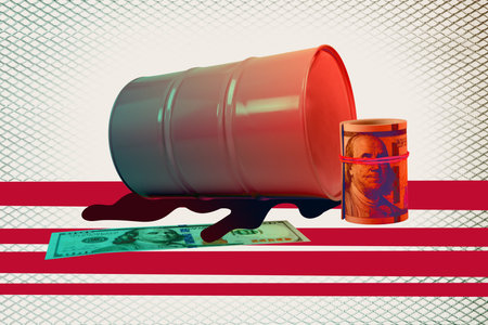 Sketch artwork banner creative collage of metal barrel oil liquid usd capital regress concept taxation fund discriminationの写真素材