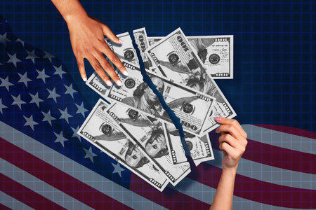 Banner poster trend collage image of human hand hold dollar collapse crack banknotes america flag regress inflation capitalの写真素材