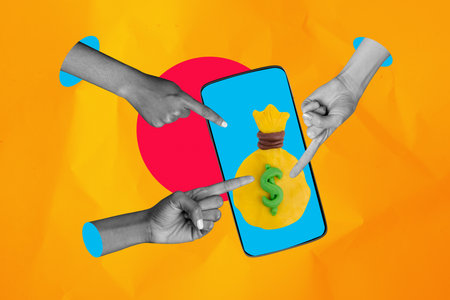 Trend banner sketch photo collage of showing gesture finger body language hand finger point smartphone online bank app finance money bagの写真素材