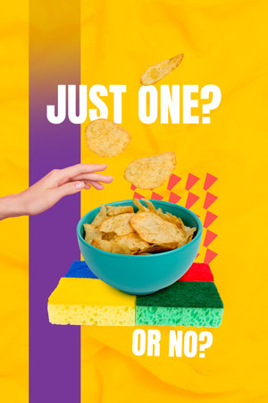 Artwork 3d banner poster collage of human hand hold potato chips crispy snack just one or no cafe...