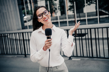 Professional businesswoman with microphone gestures confidently in urban setting on a bright day showcasing professionalismの写真素材