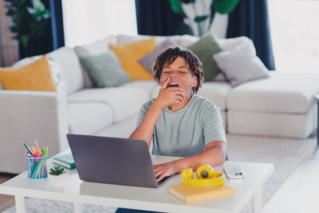 Tired boy in casual wear studying at home on a laptop, yawning while sitting in a comfortable living...