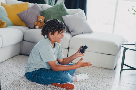 Boy playing video games in cozy living room setting with vibrant decor, showcasing leisure, youthful...