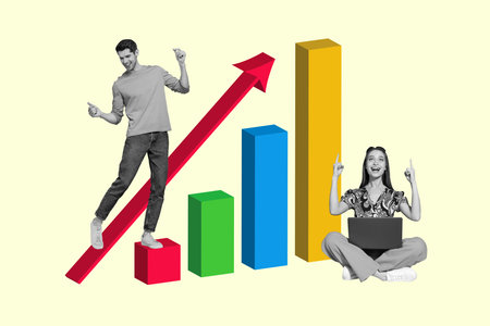 Creative 3d full art image collage of two happy business partners girl guy hold laptop chart...