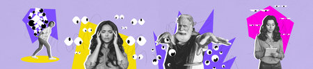 Poster collection trend collage image of puzzled old man count king show eyeball stare freemason...