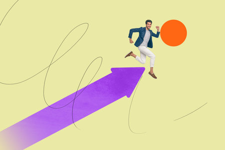 Full 3d zine pop trend collage of happy businessman businesswoman climb career ladder development...