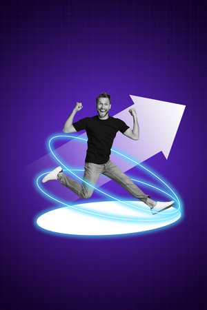 Trendy banner poster image photo collage of happy businessman run cyber arrow development neon...