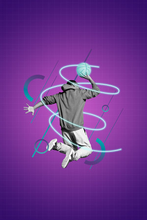 Creative artwork template sketch image 3D collage of young man play basketball jump fitness activity...