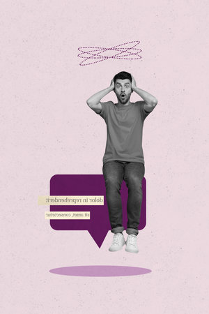 Composite zine pop trend collage of happy girl guy stand colorful bubble communication speech...