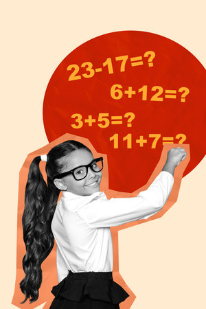 Composite 3D photo collage design trend of sticker young schoolgirl smile write maths numbers...