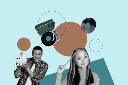 Composite zine pop trend collage of happy girl guy dance vinyl disk player celebration weekend...