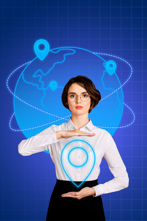 Zine image 3d trend collage of serious girl show geolocation cyber icon globe travel summer...