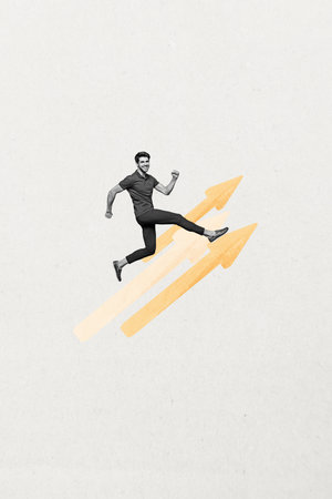 Vertical 3d art pop image collage of happy businesswoman businessman climb carrer ladder arrow...