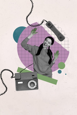 3d pop image vertical art collage of happy manager girl guy stand telephone handset telemarketing...