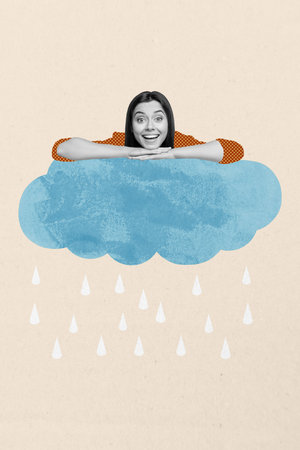 Composite artwork 3D photo collage template of young woman excited smile head lying cloud hand hold outdoors storm autumn weather rainfallの写真素材
