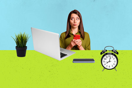 Composite poster image art collage of happy businessman businesswoman sit laptop workplace alarm...