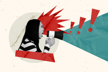 Full 3d sketch creative image poster art collage of angry girl strike activist demonstration scream megaphone exclamation markの写真素材