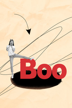 Banner 3d sketch image collage of astonished scared girl stand arrow boo letters happy halloween autumn spooky season eventの写真素材