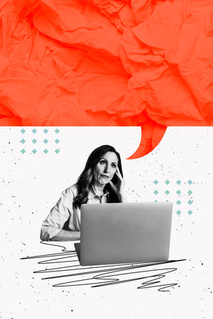 Trendy exclusive magazine photo collage of minded old woman surf laptop type message notification remote device dialogue phraseの写真素材
