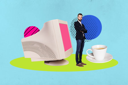 Image zine trend photo collage of happy businesswoman businessman stand pc monitor coffee cup pause bliss cappucino workの写真素材