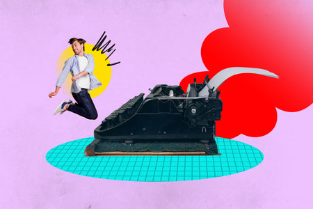 Zine banner full photo collage of happy girl guy author stand retro typewriter machine novelist...