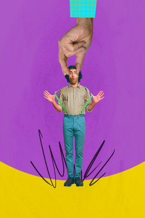 Vertical 3d art pop image collage of happy girl guy stand hand marionette exploitation puppet...