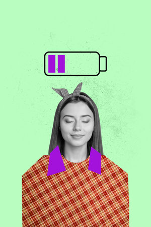 3d sketch image vertical collage of puzzled girl guy exhaustion battery charge tiredness concept low...