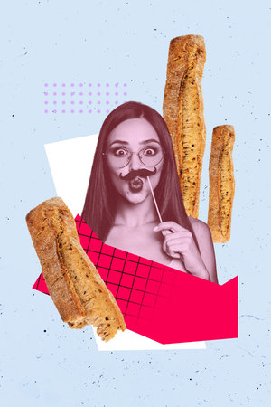 Composite sketch design artwork 3D photo collage of young lady hand hold mask mustache bread...