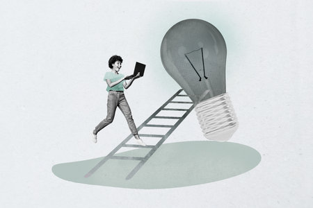 Pop trend collage of woman stand use netbook ladder to light bulb on grey background