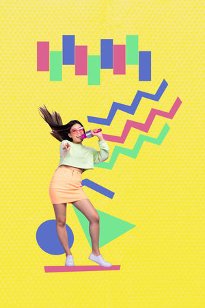 Exclusive image vertical photo collage of happy girl hold microphone sing concert disco occasion celebration holiday chillの写真素材
