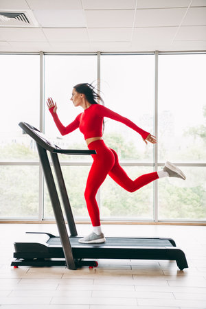 Athletic woman running on treadmill in modern gym interior, focused on fitness training and healthy...