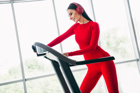 Young athletic woman in vibrant red sportswear enjoying a workout on a treadmill in a modern gym...
