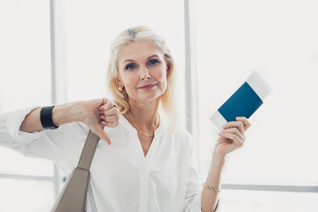 Sad woman displaying dissatisfaction while holding a travel ticket, during her airport experience...