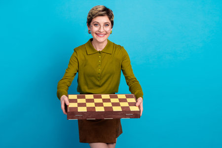 Young Woman Smiling Holding a Chessboard Against a Blue Background Promoting Leisure and Strategic...