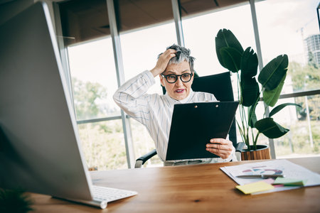 Professional businesswoman reviewing documents at office desk with computer and green plants in a...