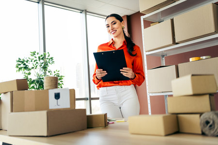 Young professional woman managing her small business in a workspace surrounded by shipping boxes...