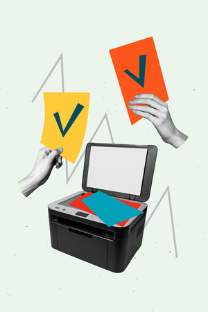 Vertical art image poster 3d banner collage of human hands hold ckeckmark approval deal fax scanner...