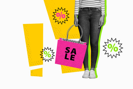 Trend artwork composite 3D photo collage of woman body legs stand hand hold bag sale client black...