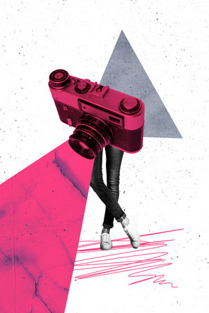Sketch vertical artwork 3d photo collage of anonym girl instead body retro camera device capture...