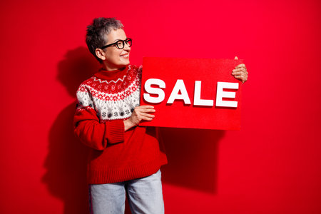 Cheerful mature woman wearing a festive sweater holding a sale sign in front of a vibrant red...