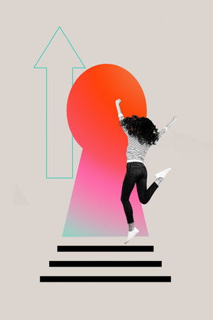 Image vertical trend collage of excited businesswoman jump keyhole arrow development aim achievement...